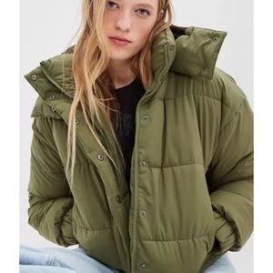 American Eagle Crop Olive Green Reversible Puffer Coat Jacket Oversized Size XS